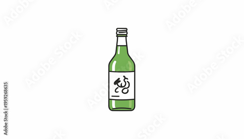 Green Soju Bottle with Korean Characters, Minimalist Illustration