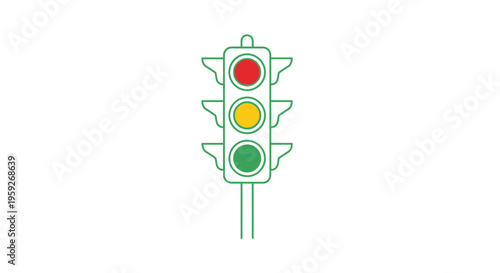 Green outline traffic light with red, yellow, and green lights on a white background