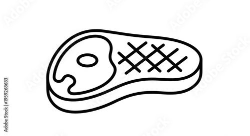 Grilled Steak Icon: Raw Meat Cut with Grill Marks and Bone, Simple Line Art