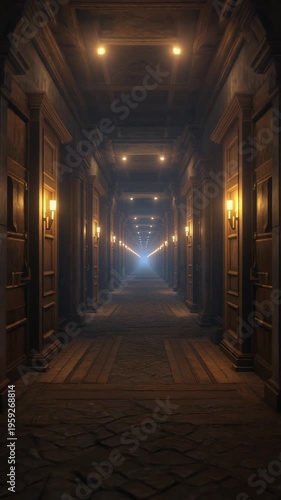 A long, dimly lit hallway with columns and lights in a historic building interior