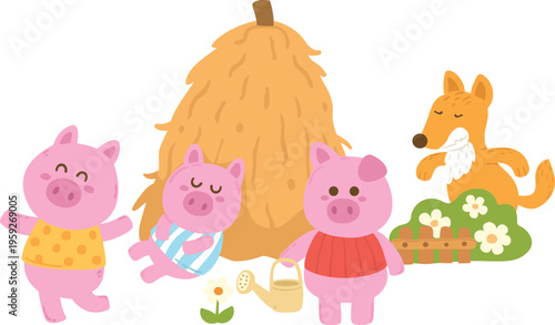 Three Little Pigs and Fox isolated Illustration
