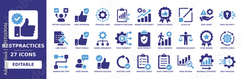 bestpractices solid vector glyph icon set including quality badge, market efficiency, data security, risk alert, trust shield, business balance, star award, workflow step and skill growth