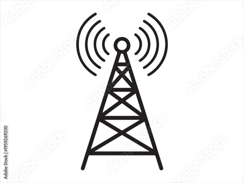 Black silhouette of a telecommunications tower with signal waves, Signal tower silhouette vector, wireless network antenna icon illustration