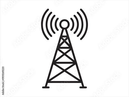Black silhouette of a telecommunications tower with signal waves, Signal tower silhouette vector, wireless network antenna icon illustration