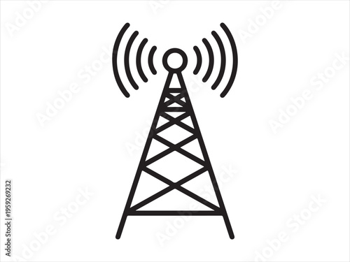 Black silhouette of a telecommunications tower with signal waves, Signal tower silhouette vector, wireless network antenna icon illustration
