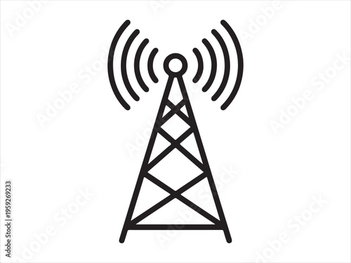 Black silhouette of a telecommunications tower with signal waves, Signal tower silhouette vector, wireless network antenna icon illustration