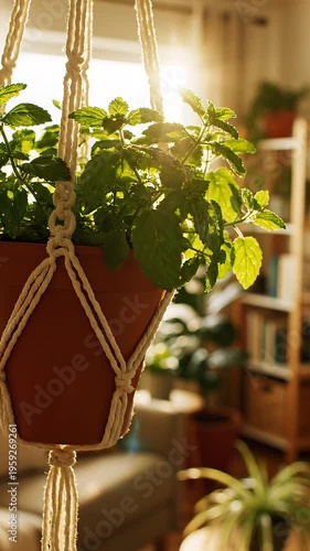 A plant hangs from macrame in a cozy living room