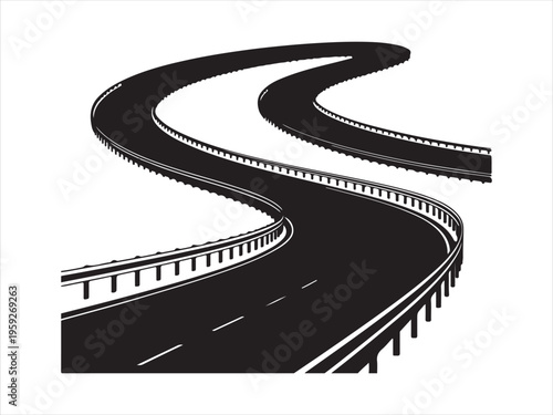 Curved road vector silhouette illustration, winding highway road, Road silhouette vector, winding street path icon illustration