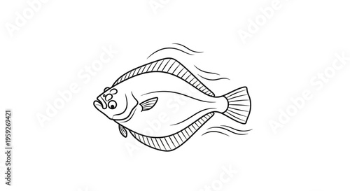 Flounder Fish Drawing, Outline Illustration, Sea Creature, Underwater Life, Simple Vector Art
