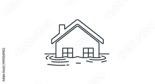Flooded House Icon, Natural Disaster Concept, Water Damage Home Outline