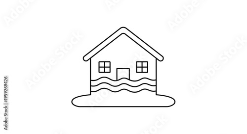 Flooded House Icon: Home Submerged in Water, Natural Disaster Concept