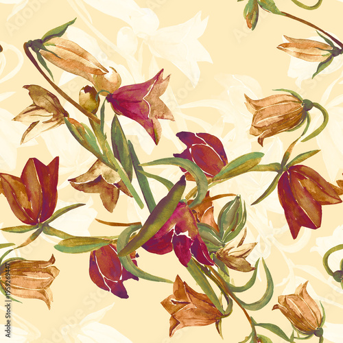 Spring wildflowers. Image on white and colored background. Seamless pattern.