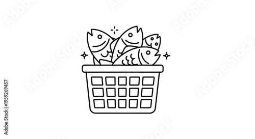 Fresh Fish Basket Icon: Clean Line Art Illustration of Seafood Catch