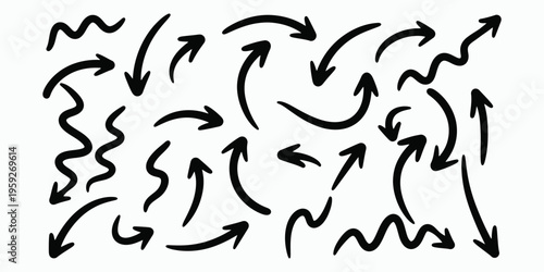 A chaotic arrangement of black arrows on a white background