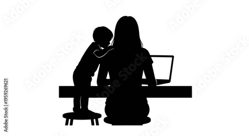 Back View Silhouette of Mother Working on Laptop While Her Little Son Stands Beside Her
