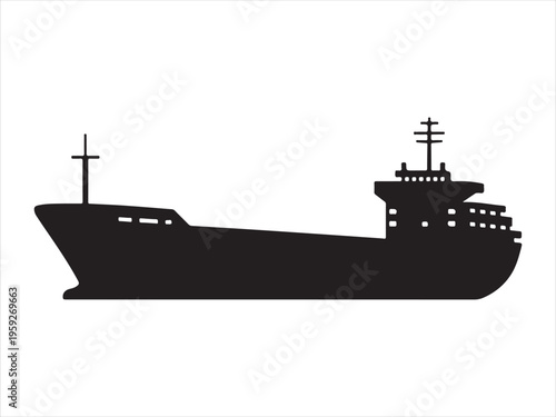 Detailed black cargo ship silhouette, Cargo Ship Silhouette Freight Vessel Marine Transport Vector Illustration