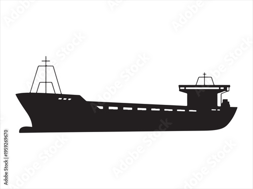 Detailed black cargo ship silhouette, Cargo Ship Silhouette Freight Vessel Marine Transport Vector Illustration