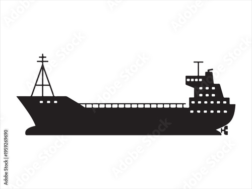 Detailed black cargo ship silhouette, Cargo Ship Silhouette Freight Vessel Marine Transport Vector Illustration