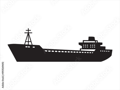Detailed black cargo ship silhouette, Cargo Ship Silhouette Freight Vessel Marine Transport Vector Illustration