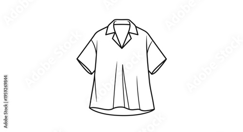 Fashion sketch of a casual short-sleeved collared shirt with a V-neck, black and white line art.