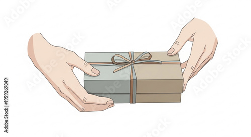 Two hands holding a wrapped gift box with a ribbon bow on a plain white background symbolizing giving and receiving