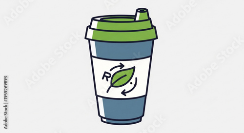 Eco friendly reusable coffee cup with recycling symbol and green leaf on white background