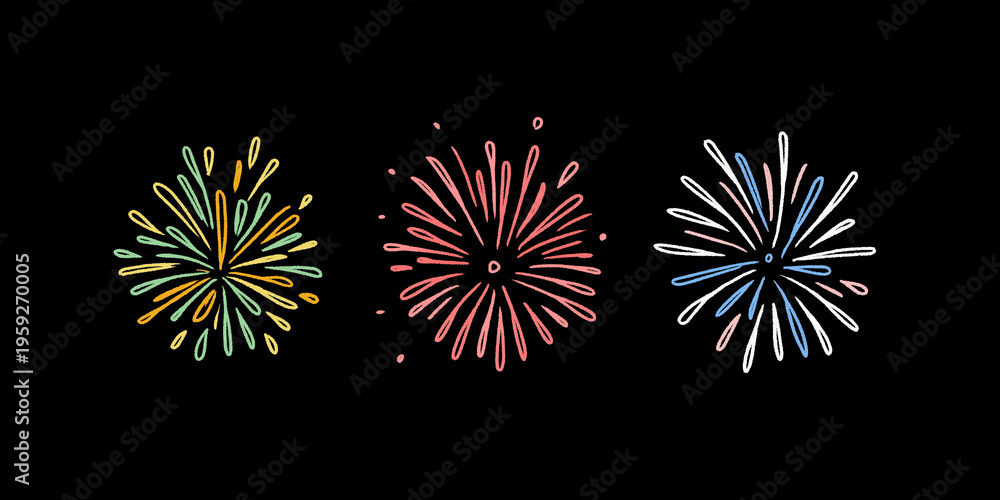 Fototapeta premium three simple fireworks icons, hand-drawn doodles in the style of vector art on a white background