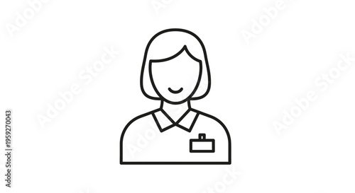 Female Employee Icon with Name Tag, Professional Woman Avatar, Simple Line Art