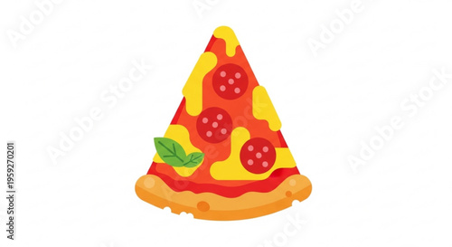Delicious slice of pepperoni pizza with melted cheese and fresh basil on a white background
