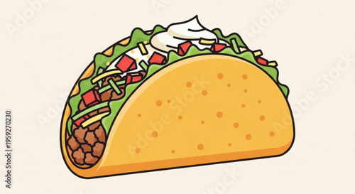 Taco with seasoned ground beef lettuce tomatoes and sour cream on a white background illustrating a delicious mexican food item