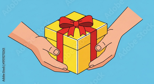 Two hands holding a yellow gift box with a red bow on a blue background symbolizing giving and receiving