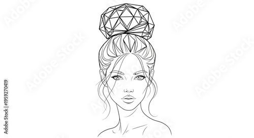 Elegant Woman Portrait with Geometric Hairstyle and Crystal Ball Top