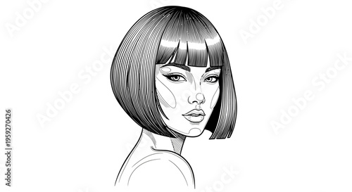 Elegant Woman Portrait, Bob Haircut, Stylized Line Art, Black and White