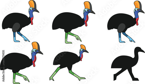Cassowary Bird Cartoon Character Set Featuring Different Poses Walking Standing and Silhouette Exotic Wildlife Illustration Collection Design