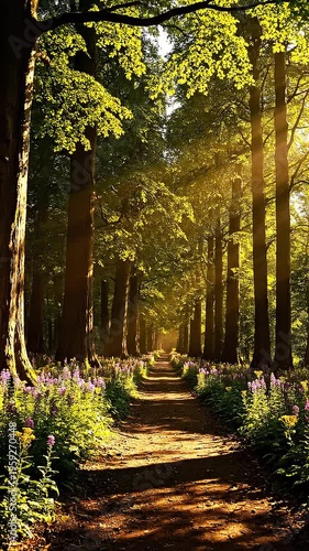 A serene forest path lined with flowers and tall trees at sunrise