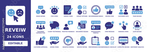 reveiw solid vector glyph icon set with five stars, customer satisfaction, mood rating, survey form, client testimonial, recommended badge, sentiment analysis and feedback checklist