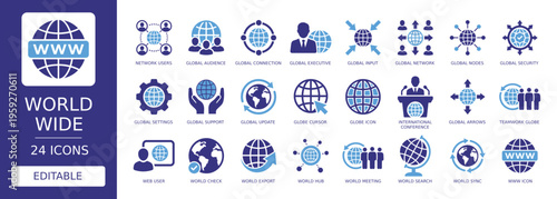 world wide solid vector glyph icon set featuring global network connection, international conference, globe cursor, web user, global security, teamwork globe, world export and sync icons