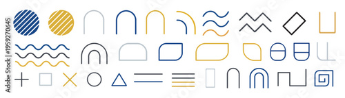 Minimalist Blue and Gold Line Art Set, Technical Geometric Outline Symbols, Modern Abstract Linear Design