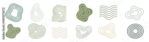 Organic Abstract Line Art Set, Topographic Map Style Elements, Minimalist Green Fluid Shapes