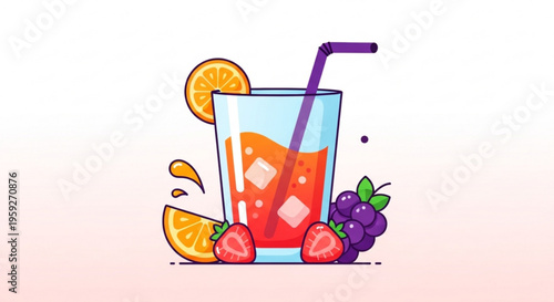 Fresh fruit infused drink with ice cubes and straw surrounded by strawberries orange slices and grapes on a pastel background