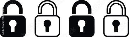 padlock icon set showing locked and unlocked security status with keyhole symbols for privacy and data protection concepts.