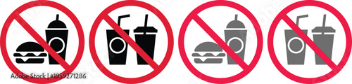 No eating and drinking prohibited sign collection with burger and soda icons inside red circles for restricted public area zones.