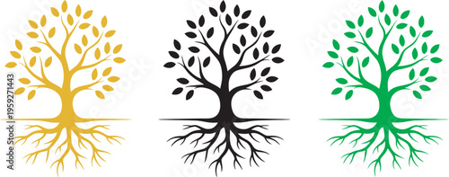 Leaf tree with roots vector line, abstract plant leaves logo, ecology environment concept, spring garden sign, green branch brown roots silhouette illustration