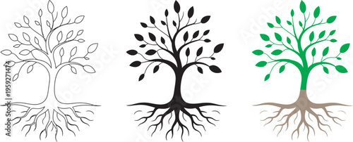 Leaf tree with roots vector, plant with leaves abstract nature logo, ecology environment concept, spring garden sign, green tree branch brown roots silhouette illustration