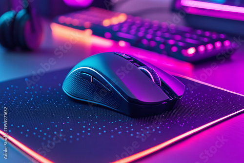 A modern gaming mouse rests on a sleek mousepad illuminated by vibrant neon light. Esports, technology, and desktop performance create a stylish gaming setup concept.