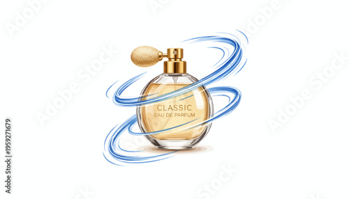 Elegant Classic Perfume Bottle with Swirling Blue Scent Trails on White Background