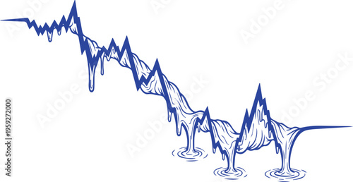 Blue line graph vector with melting ice texture, financial market crash illustration, economic crisis and global warming concept art