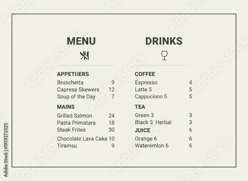 A menu board displays food and drink options in a restaurant setting with appetizers, mains, coffee, tea, and juice.