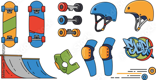 Skateboarding Equipment Icon Set Featuring Skateboard Helmet Wheels Ramp Knee Pads Elbow Pads and Street Graffiti Elements for Extreme Sports Design