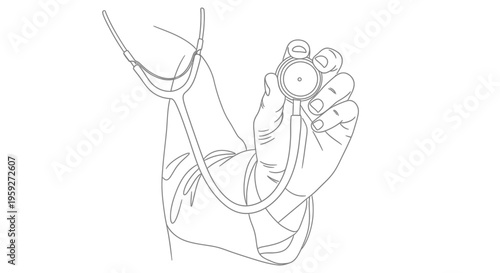 Doctor's Hand Holding Stethoscope, Medical Examination, Healthcare Concept, Line Art